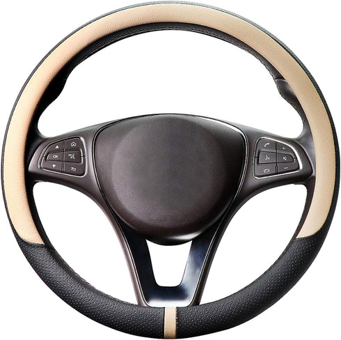COFIT Breathable Car Steering Wheel Cover 15 inch Auto Universal Leather Wrap Non-Slip Steeringwheel Protector Automotive Interior Accessories, Be...