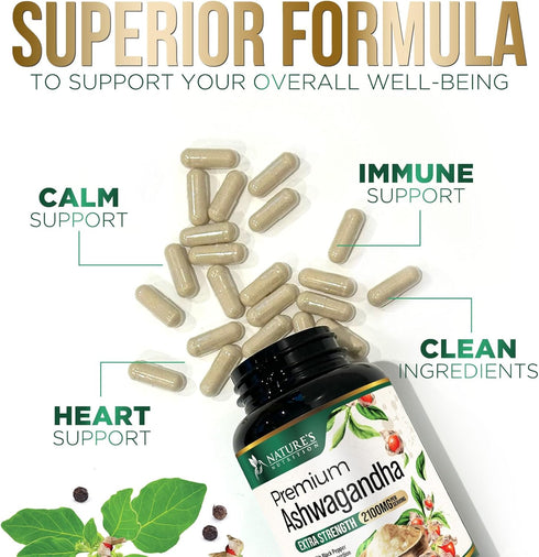 Herbal Ashwagandha 2,100 mg - Extra Strength Unwind, Calm & Relax Support with Black Pepper - Natural Focus & Energy Support - Ashwagandha Powder ...