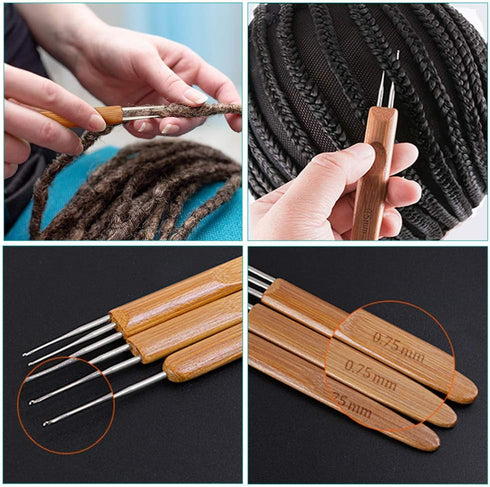 4pc Dreadlock Crochet Needle Hook for Hair Tool 0.75 0.5mm Crochet Hooks Needle for Hair Dreadlocks Bamboo Handle Weaving Needles Steel Crochet Ho...