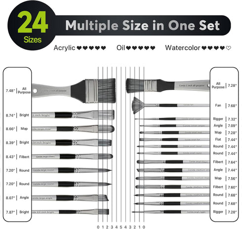Paint Brushes Set of 24 Pieces, CONDA Different Shapes Wooden Handles Brushes with Art Brush Case, Professional Artist Brushes for Oil, Acrylic Ca...