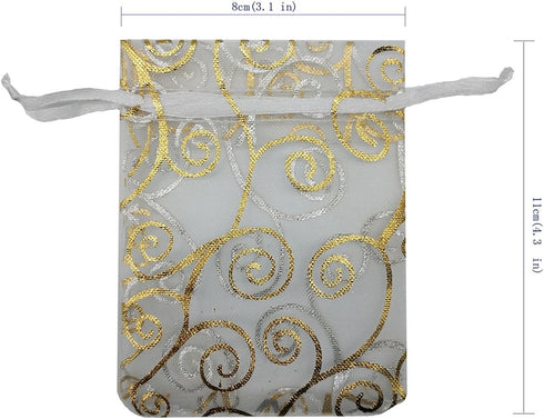 100pcs Sheer Organza Favor Bags For Wedding Baby Shower Rattan Print Gift Bags Samples Display Drawstring Pouches (3x4 inch, white)...