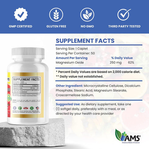 America Medic & Science Magnesium 250 mg (50 Caplets) | Pack of 1 Bottle | Magnesium Oxide Supplement for Men and Women | Supports Healthy Nerve a...
