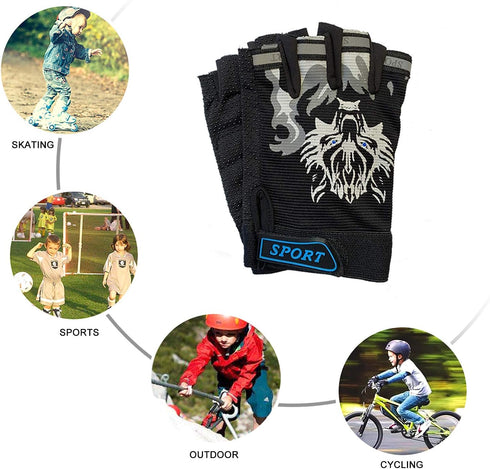 2Pairs Kids Cycling Gloves Half Finger Sport Gloves Non-Slip Gel Gloves Mountain Bike Gloves with Wolf Head Pattern for Children Boys Riding Bikin...