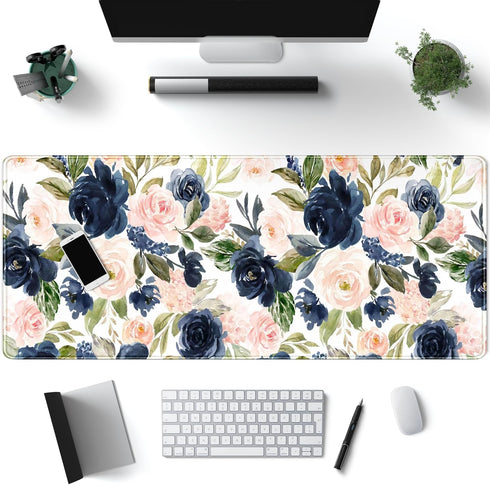 Blue Pink Mouse Pad Ink and Wash Blue Pink Flower Boho Desk Supplies for Women Office Aesthetic Desk Mat Mousepad Desk Pad Keyboard Pad, Non-Slip ...