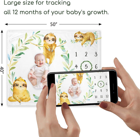 Sloth Milestone Blanket, Safari Baby Growth Chart Monthly Blanket, Watch Me Grow Sloth Baby Nursery for New Moms Baby Shower(50"x40")...