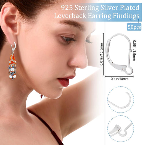 Beebeecraft 1 Box 50Pcs Leverback Earring Findings 925 Sterling Silver Plated Clasp Earring Hooks 15.5x10mm Ear Wire Clip Earring Connector for Je...