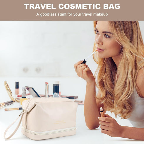 Cosmetic Travel Bag, Double Layer Cosmetic Bag, Large Makeup Bag, Travel Makeup Bag, Makeup Organizer Bag, Leather Cosmetic Bag, Waterproof Toilet...