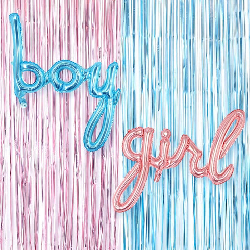 Gender Reveal Decoration Set - Metallic Fringe Curtains + BOY Girl Foil Balloons Gender Reveals Party Photo Backdrop (Pink/Blue)...