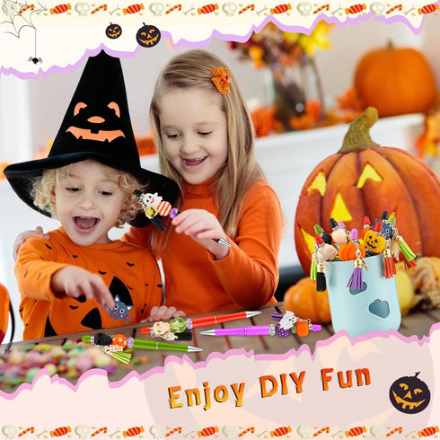 Tenceur 12 Pcs Halloween Plastic Beadable Pen Bead Ballpoint Pen Halloween Silicone Beads 105 Pcs Accessories DIY Black Ink Bead Pen Pumpkin Skull...