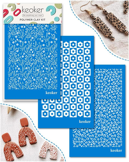 KEOKER Silk Screen Stencils for Polymer Clay, 3 PCS Reusable Silkscreen Print Kit for Printing on Clay & Other Jewelry Clay Earrings Decoration, C...