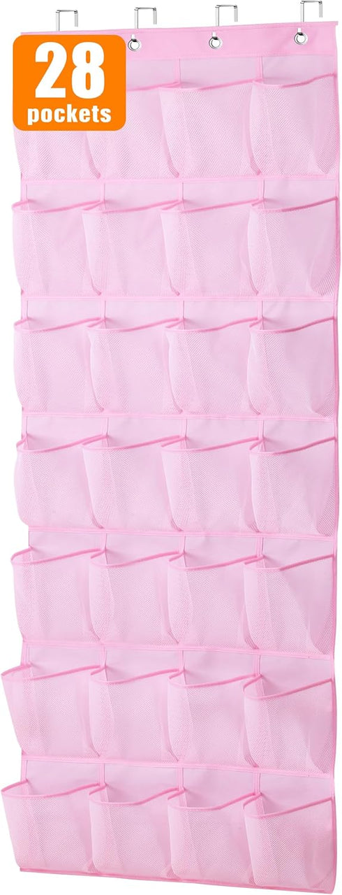 MISSLO Kids Over the Door Shoe Organizer Pink Hanging Shoe Rack Baby Toddler Hanging Shoe Organizer Cute Shoe Holder Girl Room Decor 28 Pockets...