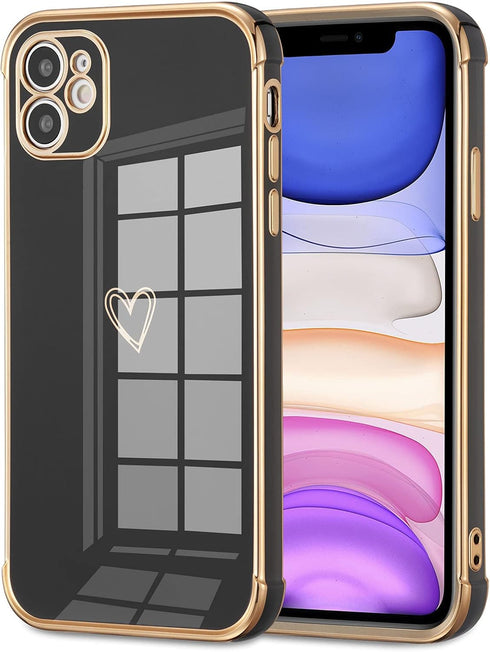 DEFBSC Electroplate Case for iPhone 11 Case with Gold Heart, Luxury Plating Edge Bumper Cute Case with Full Camera Lens Protection for Women Girls...