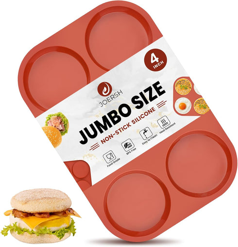 JOERSH Silicone Egg Mold for Breakfast Sandwiches 4" Jumbo Size Muffin Top Pan, Non-Stick Round Silicone Molds for Baking Hamburger Bun, Eggs and ...