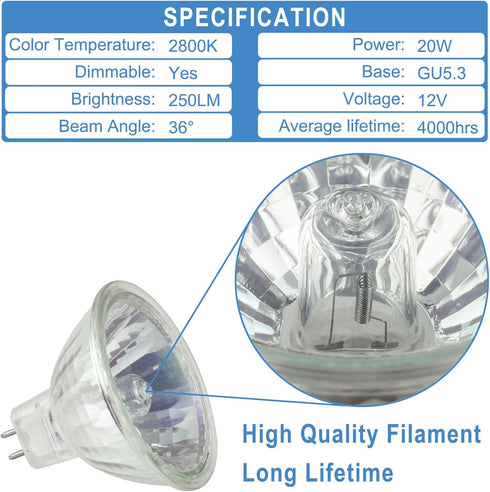 MR16 Halogen Bulb, 12V 20W, GU5.3 Bi-Pin Base, 2800K, Warm White Dimmable, for Desk Lamp, Track Light(Pack of v4)...