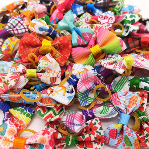 100Pcs Pet Dog Hair Bows Bowknot Topknot with Rubber Bands Cat Puppy Headdress Grooming Hair Accessories Random Color...