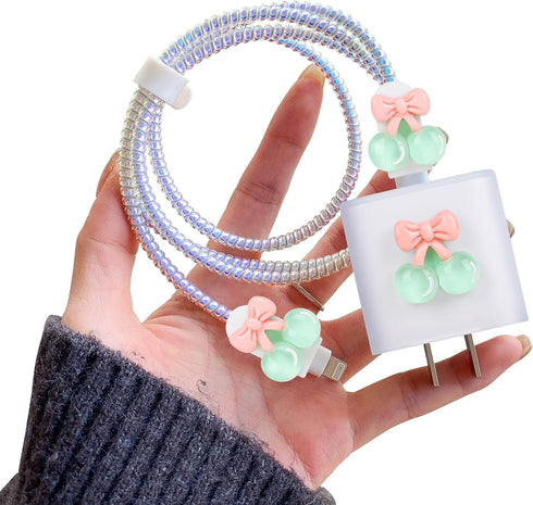 Cute Cable Protector Compatible for iPhone Adapter with Crystal Cherry Pears Design, Clear Soft Data Line USB Cover, Wire Cord Saver, Phone Cord P...