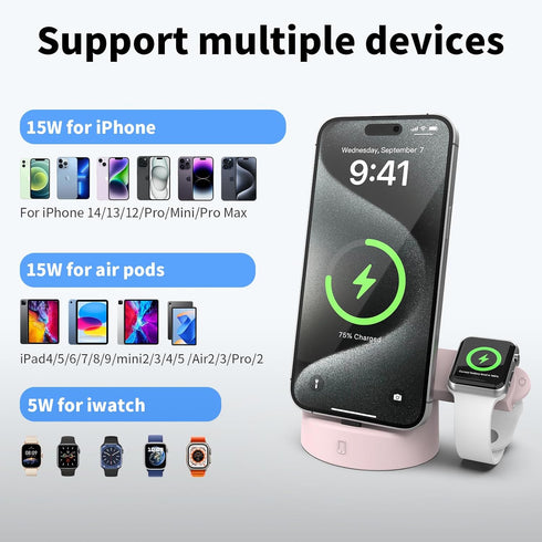 2 in 1 Charging Station for iPhone&Apple Watch,15w Charging Stand,Silicone Charging Dock Holder for iPhone14/13/12/Pro/Mini/Pro Max,iWatch Series9...