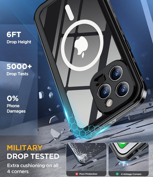Design for iPhone 15 Pro case Waterproof 6.1'', Full Body Dust Proof Shockproof Phone Case Cover with Screen Protector- Black...