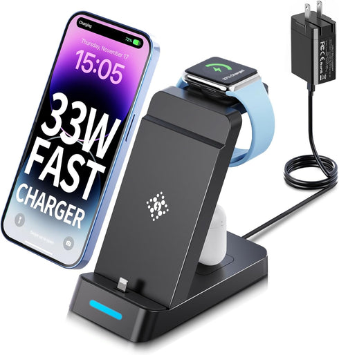 3 in 1 Charging Station for iPhone - 33W Fast Charging Station for Apple Devices, Charging Dock for iPhone 14/13/12/11, Apple Watch and AirPods (3...