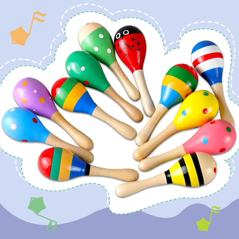 LOOIKOOS 12 PCS Mini Wood Festival Maracas for Kids Toys, Wooden Maracas Festival Painting, Wooden Carnival Maracas Baby Party Favors(Random Color...