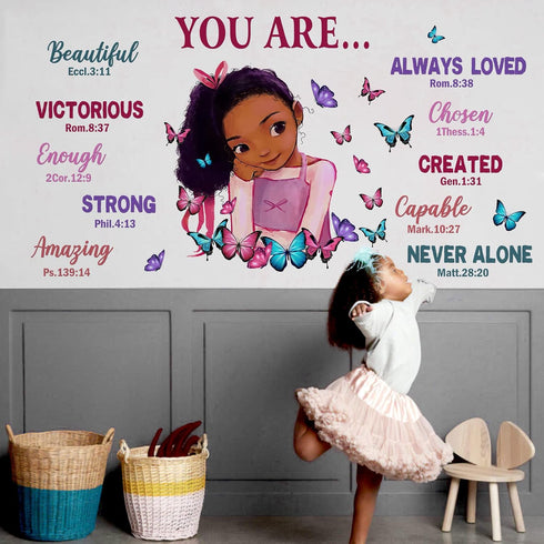 Yovkky Black Girl Religious Butterfly Wall Decal Sticker, Positive Saying African American You are Beautiful Nursery Decor, Inspirational Home Afr...