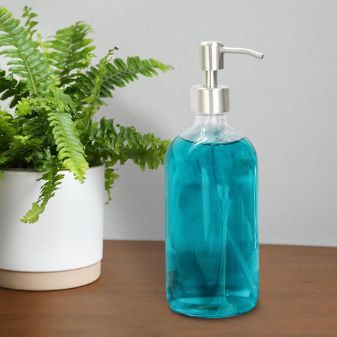 Cornucopia Brands 16-Ounce Clear Glass Bottles w/Stainless Steel Pumps (2 Pack), Soap Dispenser Great for Essential Oils, Lotions, Liquid Soaps...