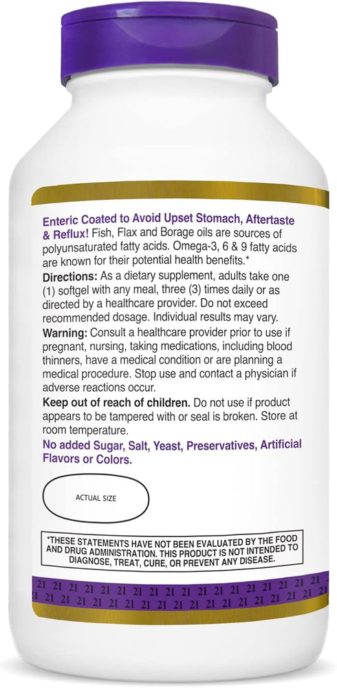 21st Century Triple Omega Complex 3 6 9 Enteric Coated Softgels, 180 Count Bottle (22875)...
