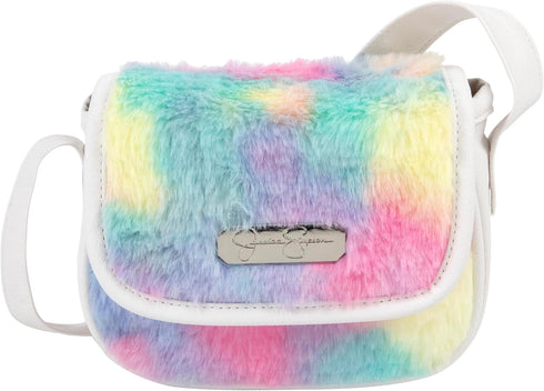 Jessica Simpson Fluffy Cute Vegan Leather Crossbody Bag Mini Coin Purse Wallet (Fuzzy Rainbow)...