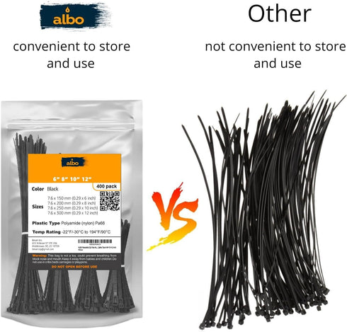 ALBO Black Zip Ties Assorted Sizes 400 Pack Plastic Cable Ties 6+8+10+12 inch Wire Tie UV Resistant Nylon Tie Wraps Assorted Sizes...