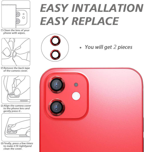 CloudValley ?2 Pack for iphone 12/12 Mini / 11 Camera Lens Protector, Ultra-HD Tempered Glass Cover, Aluminum Alloy Screen Cover, Red, with Cleani...