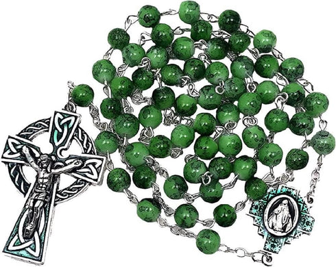 CB Catholic St Patrick Green Glass Marble Bead Rosary Gift Set...