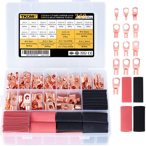 TKDMR 260Pcs Copper Wire Lugs AWG2 4 6 8 10 12 with Heat Shrink Set, 120Pcs Battery Cable Lugs Battery Cable Ends Ring Terminals Connectors with 1...