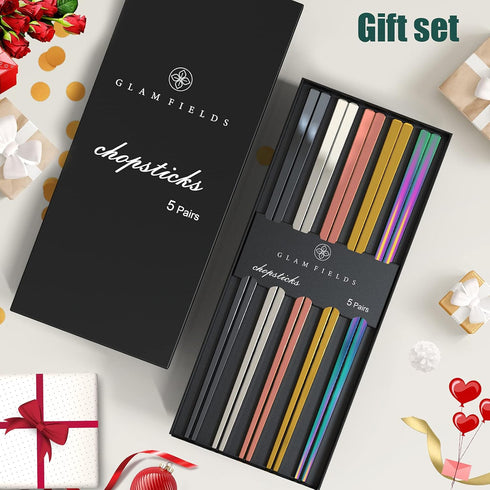 GLAMFIELDS Metal Chopsticks Reusable Chopsticks Dishwasher Safe Multipack Stainless Steel Japanese Style 5 Pairs Lightweight Chop Sticks Gift Set...