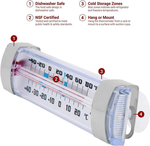 Escali AHF2 Shatter Proof Glass Refrigerator Freezer Thermometer with Suction Cups, Safe Temperature Indications, Fridge and Freezer Temperature Z...