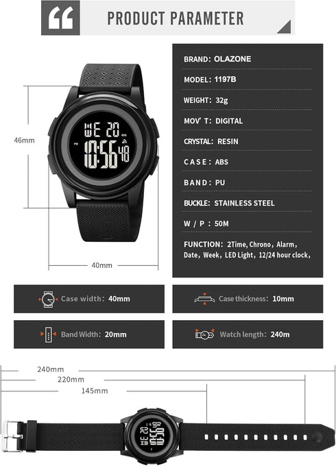 Ultra-Thin Minimalist Sports Waterproof Digital Watches Men with Wide-Angle Display Rubber Strap Wrist Watch for Men Black...