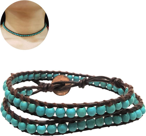 Turquiose 2 Wrap Bracelets and Choker woven Leather Necklace 2 in 1, Men Bracelet, Women Bracelet, Teengirls Bracelet...