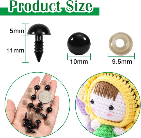 TOAOB 150pcs 10mm Black Plastic Safety Eyes Crafts Safety Eyes with 150pcs Washers for Stuffed Animals Amigurumis Crochet Bears Doll Making...