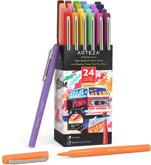 ARTEZA Felt Tip Pens, Set of 24, Sherbet Colors, 1.0–1.5mm Fiber Tip, Quick-Drying Ink...