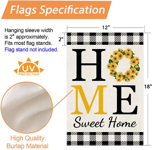 Sunflower Home Sweet Home Garden Flag for Outside Summer Flags for Farmhouse Lawn Outdoor Décor, Burlap Vertical Buffalo Check Plaid Flower Small ...