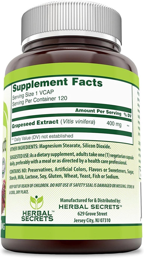 Herbal Secrets Grapeseed Extract 400 mg 120 Veggie Capsules Supplement | Non-GMO | Gluten Free (120 Count | Pack of 2)...