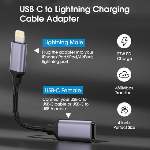 TechMatte USB C to Lightning Cable Adapter, 4 inch 27W PD Fast Charging Compatible with iPhone/iPad/iPod/AirPods, 1 Pack...