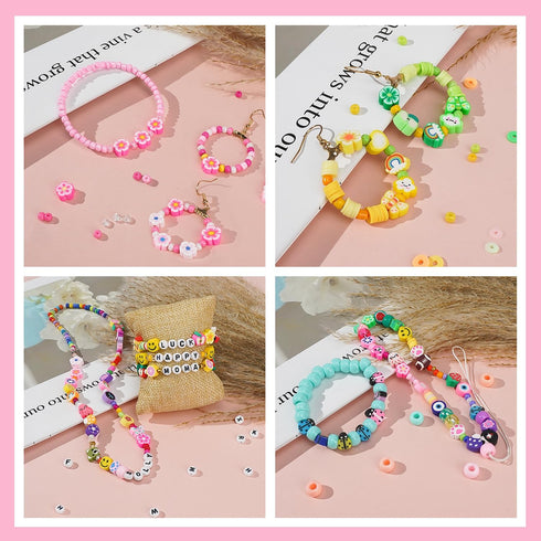 Gionlion 1000PCS Polymer Clay Beads Bracelet Making kit, 24 Style Cute Fun Fruit Flower Rainbow Animal Heart Star Beads Charms for Jewelry Necklac...
