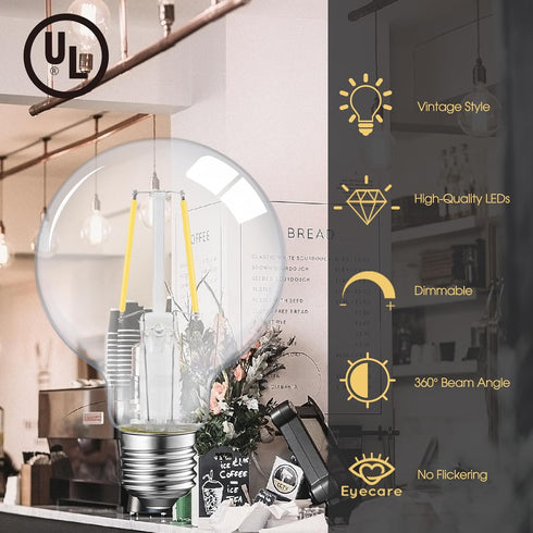 E ENERGETIC LIGHTING Dimmable LED Edison Light Bulb, G25 (G80) Globe Bulb, 60W Equivalent, 4000K Cool White, Christmas Light, E26 Standard Base, U...