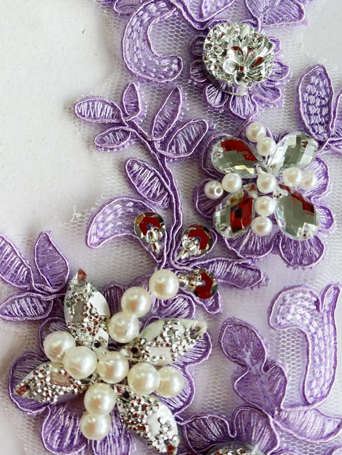 Zbroh Fine Lace Fabric Patches Embroidered rhinestones Trim Applique Decor Dress Decoration sew on sequins beads accessory one pair (light purple)...