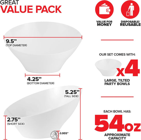 54oz White Plastic Serving Bowls (4 Pack) Large Disposable Snack Bowl Candy Dishes, Buffet Containers, Chips, Popcorn, Snacks, Punch, Salad Bar, P...