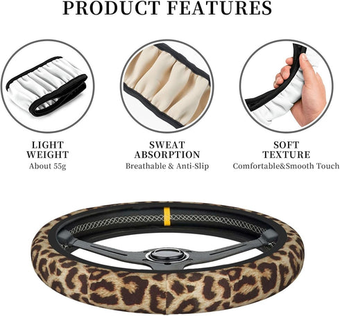 Leopard Print Steering Wheel Cover for Women Men, Universal 15 Inches Car Steering Wheel Protector Anti-Slip Sweat Absorption Car Accessories for ...