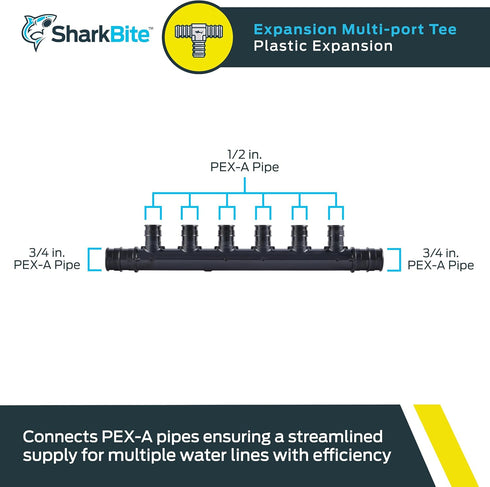 SharkBite 6 Port PEX Expansion Poly Tee, 3/4 Inch Open Trunk with 1/2 Inch Outlet, Multi Line Water Manifold Plumbing Fittings for PEX-A Tubing, U...