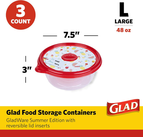 Glad Food Storage Containers, GladWare Summer Edition with Reversible Lid Inserts – 3 Ct Large Round Containers & Lids, 48oz Microwave-Safe, Freez...