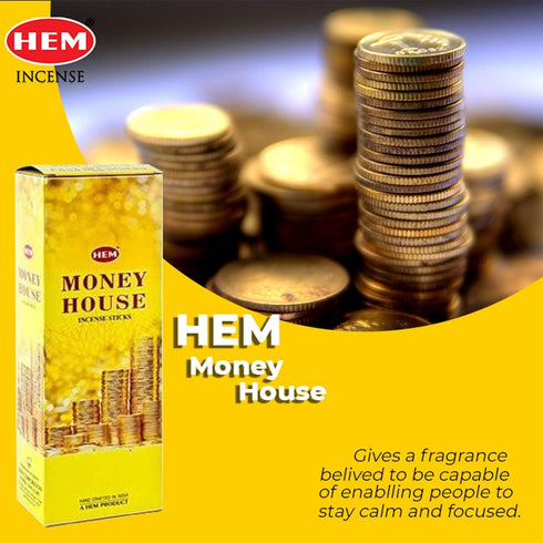 Hem Money House Incense Sticks (120 Sticks, 6 Boxes Inside) - 9 Inches Long, 20g per Box - Attract Positive Energy and Abundance Into Your Life....