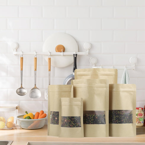 100 Pcs Resealable Kraft Paper Bags,Stand Up Pouches Bags with Matte Window, Zip Lock Food Storage Bags,Scratch Resistant Hand Self Sealing Bags. ...